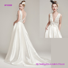 Deep V Neckline Pearls Decorated Wedding Dress with Hidden Pockets